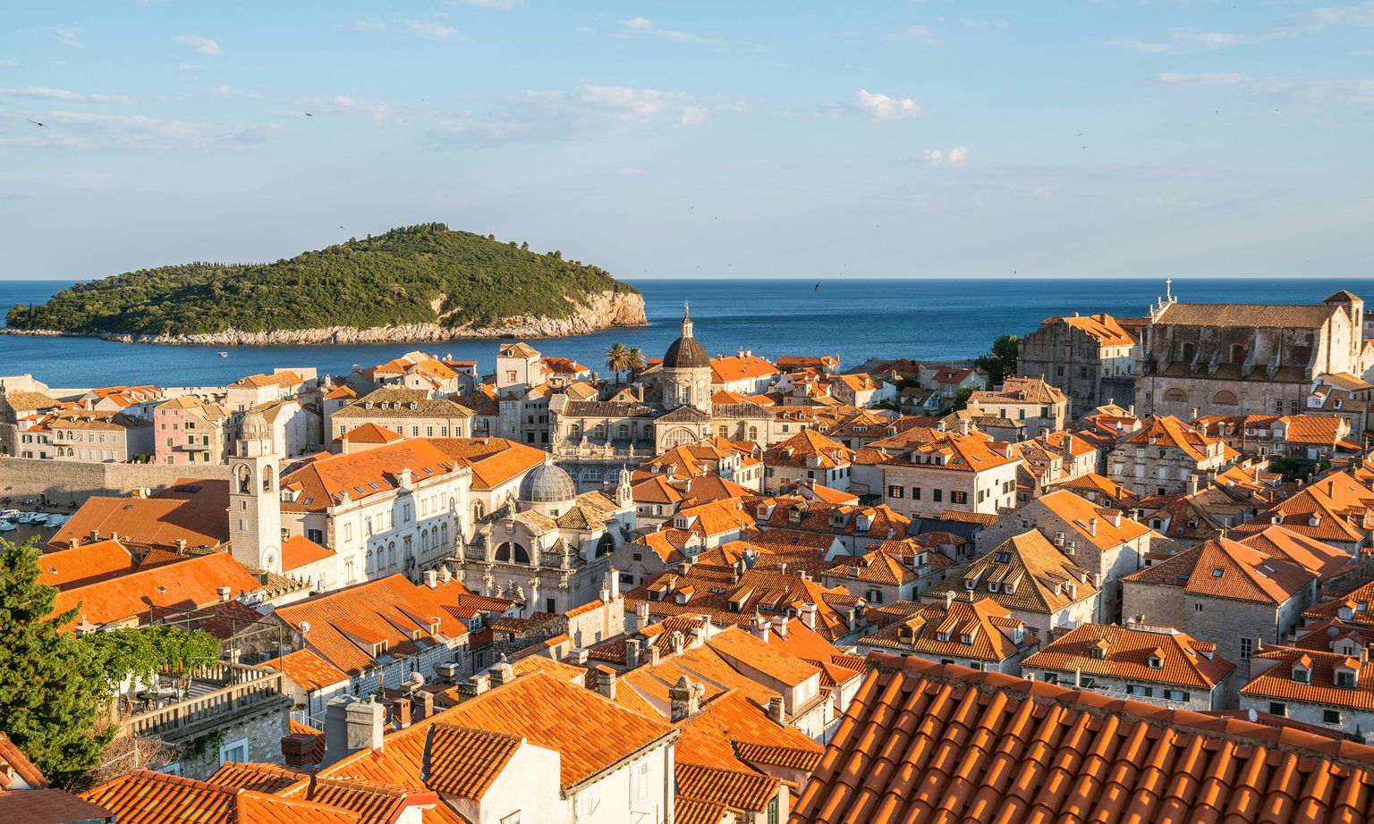 A scenic view of Dubrovnik, Croatia, featuring terracotta rooftops, historic buildings, and the Adriatic Sea with an island in the background.