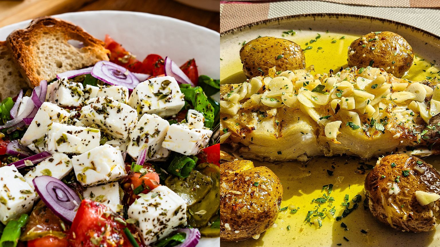 Left: Fresh Greek salad with feta, tomatoes, onions, and bread. Right: Fish fillet with garlic, herbs, and roasted potatoes in olive oil.
