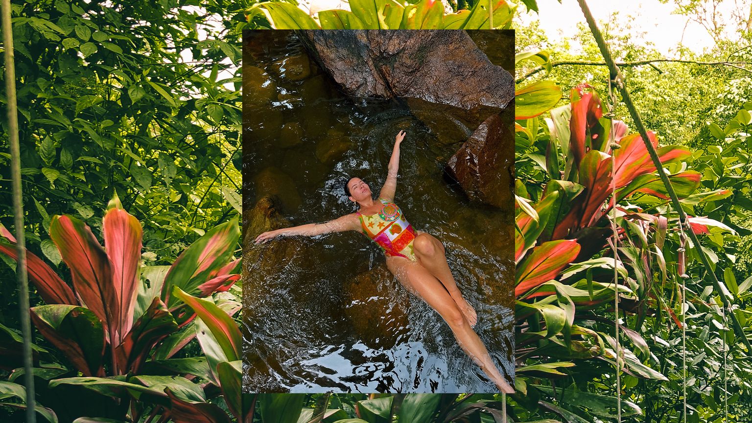 An image of a woman in a colorful bathing suit swimming layered over colorful jungle greenery of the Amazon Rainforest