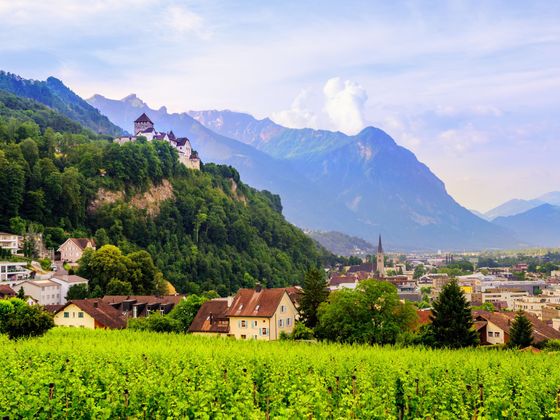 A scenic landscape featuring a hillside castle, a church spire, green fields, and mountainous background under a partly cloudy sky.