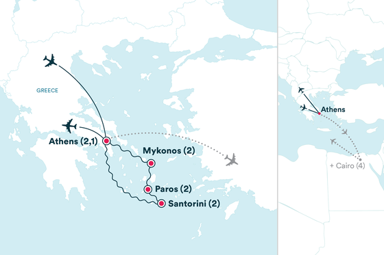 Map of Greece showing flight paths between Athens, Mykonos, Paros, and Santorini, with stops and path extending to Cairo.