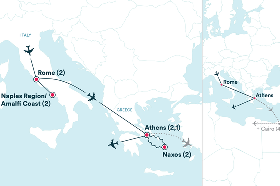 Map showing a travel itinerary from Rome to Naples, Athens, Naxos, and Cairo, with flight paths and numbers indicating sequence.