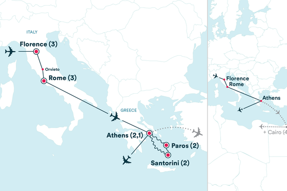 Map showing a travel route from Florence to Santorini, passing through Rome, Orvieto, Athens, and Paros, with flight icons and day numbers.