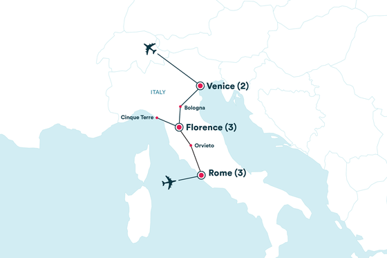 Map of Italy showing a travel route with stops in Venice, Florence, and Rome. Includes flight icons and labels for Bologna, Cinque Terre, and Orvieto.