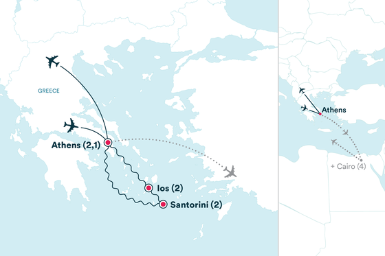 Map illustrating a flight route in Greece, showing connections between Athens, Ios, and Santorini, with additional links to Cairo.