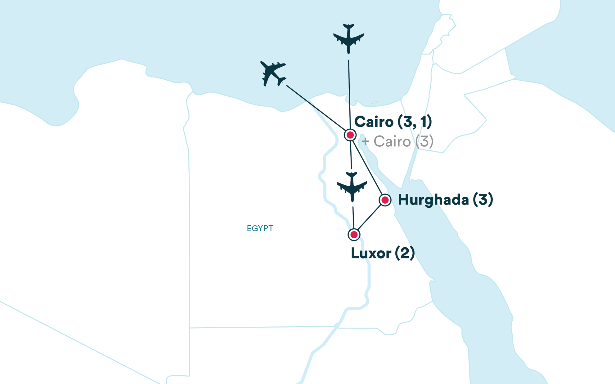 Map showing flight paths between Cairo, Luxor, and Hurghada in Egypt, with airplane icons and numbers indicating connections.