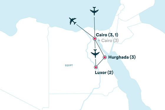 Map showing flight paths between Cairo, Luxor, and Hurghada in Egypt, with airplane icons and numbers indicating connections.