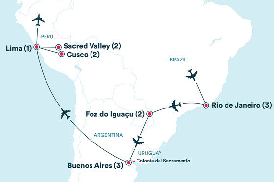 Map of South America showing a travel route with stops in Lima, Sacred Valley, Cusco, Foz do Iguaçu, Rio de Janeiro, and Buenos Aires.
