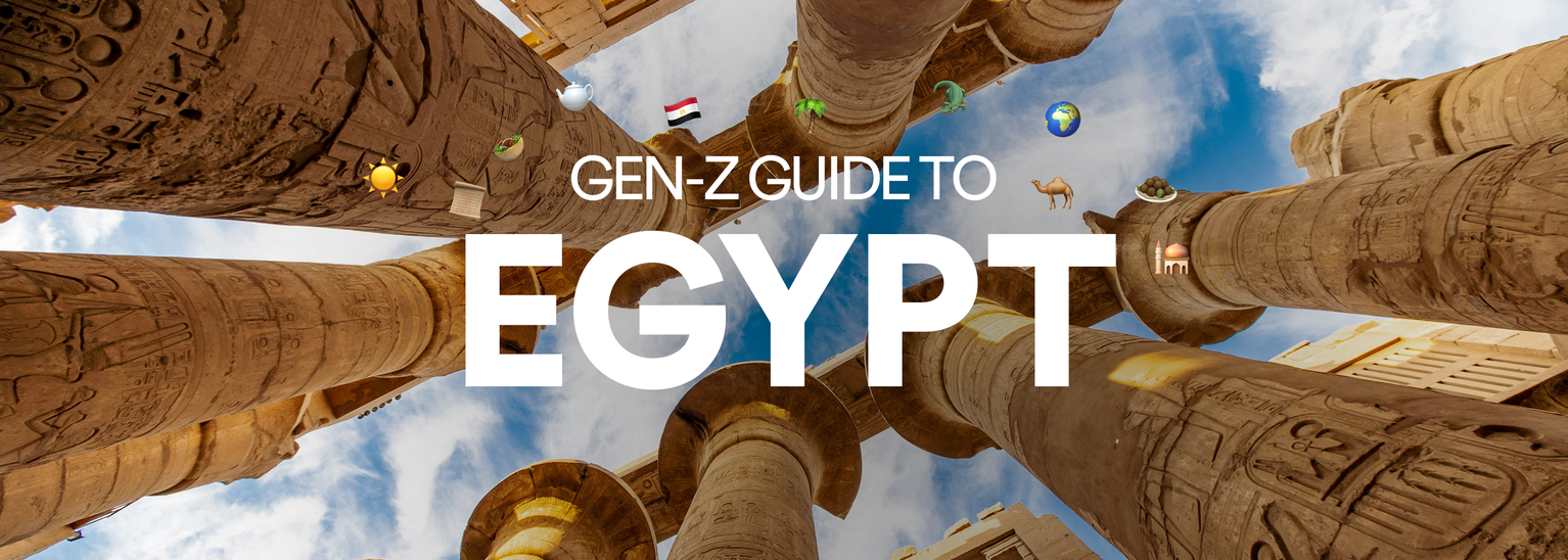 Ancient Egyptian columns under a blue sky with "Gen-Z Guide to Egypt" text and various icons like a camel and pyramid.