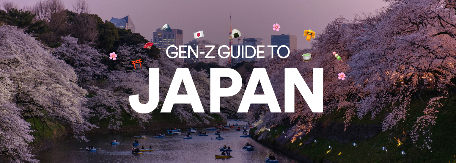 Cherry blossoms and boats on a river at dusk, with text "Gen-Z Guide to Japan" and playful icons like sushi and torii gate.