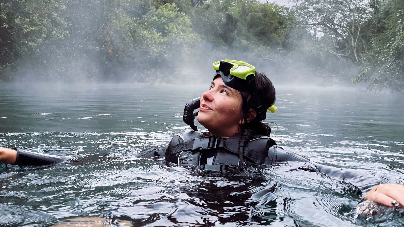 A person in scuba gear floats in a misty, forest-surrounded river, looking upward.