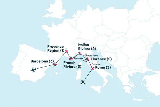 Map of Europe highlighting a travel route through Barcelona, Provence, French Riviera, Italian Riviera, Cinque Terre, Florence, Orvieto, and Rome.