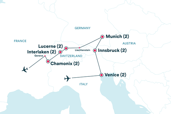 Map showing a travel route through Europe, connecting Munich, Innsbruck, Venice, Chamonix, Interlaken, Lucerne, and Geneva with flight icons.