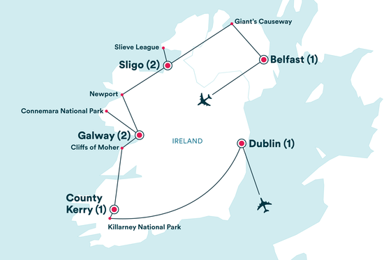 Map of Ireland showing a travel route with stops in Dublin, Galway, County Kerry, Sligo, Belfast, and notable landmarks.
