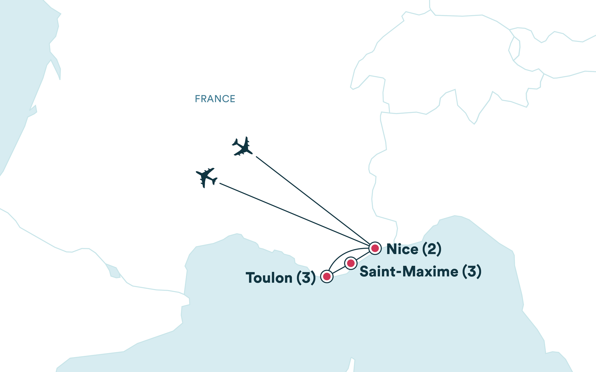 Map of southern France with flight paths to Nice, Saint-Maxime, and Toulon. Two airplane icons indicate flight routes.