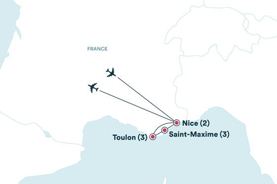 Map of southern France with flight paths to Nice, Saint-Maxime, and Toulon. Two airplane icons indicate flight routes.