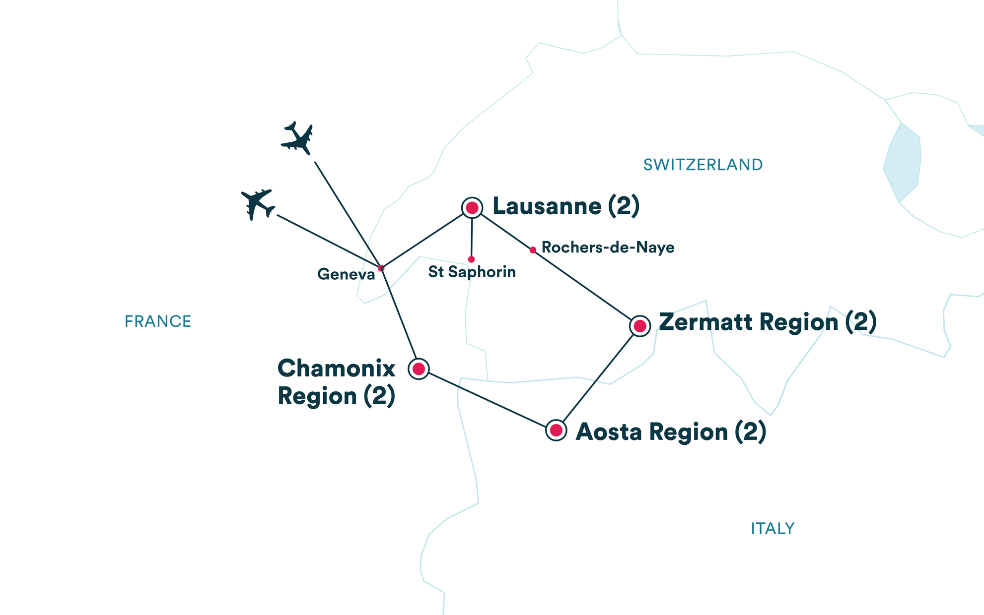 Map showing a travel route with stops in Lausanne, Chamonix, Aosta, and Zermatt regions, with flights to Geneva.