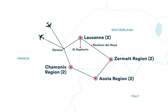 Map showing a travel route with stops in Lausanne, Chamonix, Aosta, and Zermatt regions, with flights to Geneva.