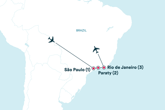 Map of Brazil showing flight paths between São Paulo, Paraty, and Rio de Janeiro, with airplane icons indicating routes.