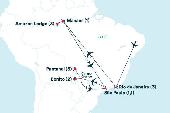 Map of Brazil showing a travel route with stops in Manaus, Amazon Lodge, Pantanal, Bonito, Rio de Janeiro, and São Paulo, featuring plane icons.