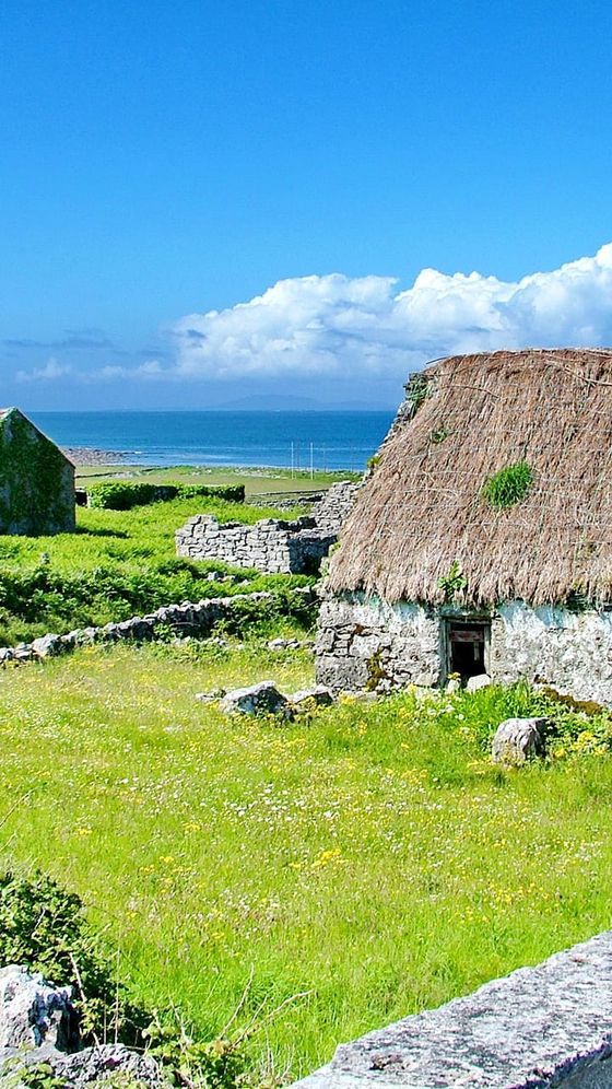 A stone cottage with a thatched roof sits in a lush green field, overlooking a blue ocean under a clear sky with white clouds.