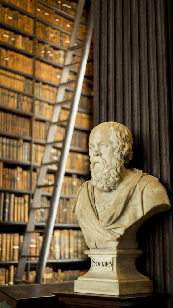 Bust of Socrates in a library with a tall bookshelf and ladder in the background.