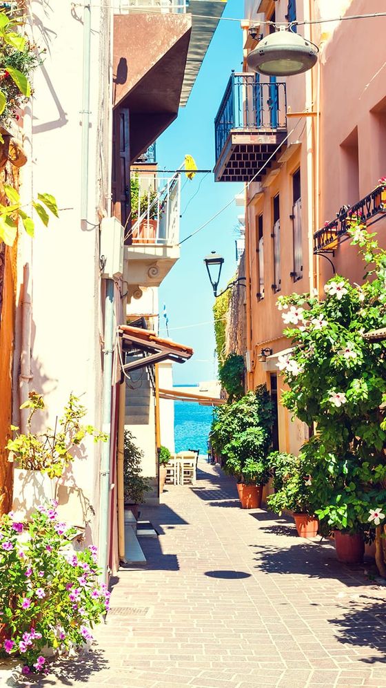 Narrow, sunlit alley lined with vibrant flowers and plants, leading to a view of the sea in the distance under a clear blue sky.