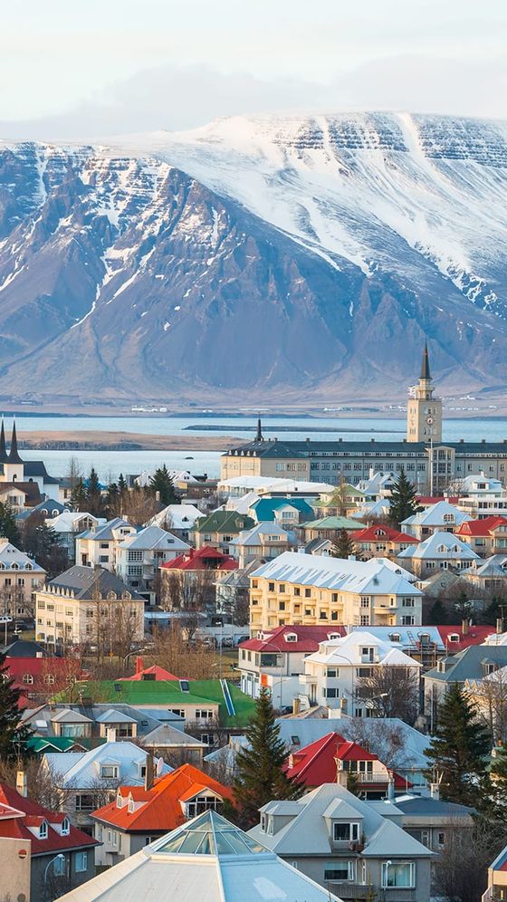 Colorful houses in a Reykjavik neighborhood with a backdrop of snow-capped mountains and clear skies.