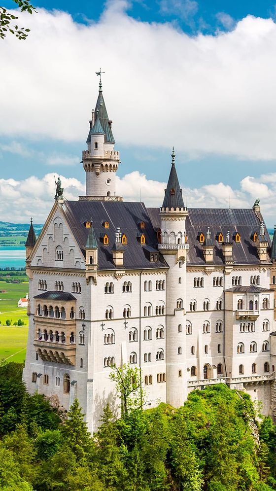 A majestic castle with multiple towers and spires stands on a lush green hill under a blue sky with scattered clouds.