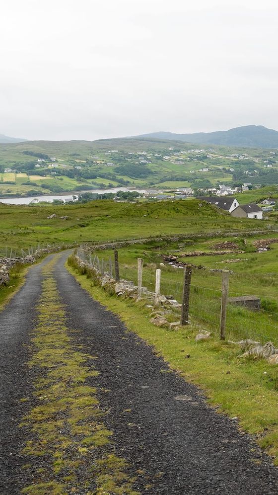 Narrow country road with grassy edges, leading to distant hills, houses, and a lake under a cloudy sky.