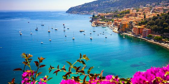 View of a vibrant coastal town with colorful buildings by clear blue water, boats anchored nearby, and pink flowers in the foreground.