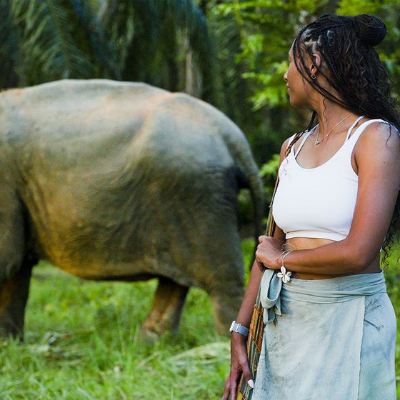 Person with braided hair in a white tank top observing an elephant in a lush, green setting.