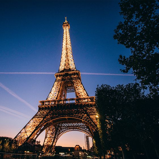 The Eiffel Tower illuminated at dusk, set against a clear blue sky with silhouette of trees.