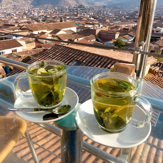 Two glass mugs of herbal tea with fresh leaves, on saucers with spoons, set on a glass table overlooking a terracotta-roofed cityscape.