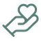 Icon of an open hand holding a heart, symbolizing care or support, with a minimalist design in teal color.