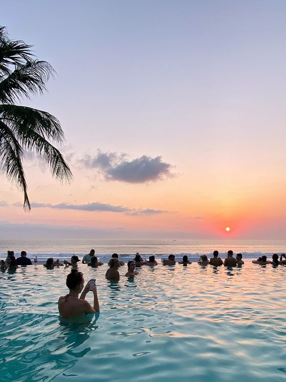 People relaxing in an infinity pool at sunset, with a palm tree on the left and the sun setting over the ocean in the background.