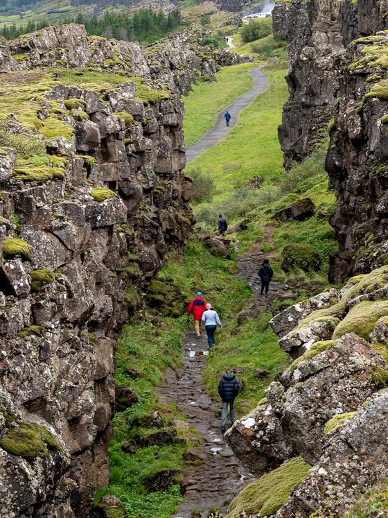 People hiking through a rocky canyon with moss-covered cliffs, leading to a grassy path in a scenic landscape.
