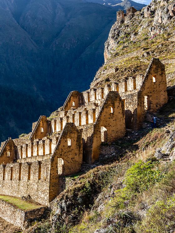 Ancient stone terraces with ruins on a steep mountainside, set against a backdrop of rugged, forested peaks under a clear sky.