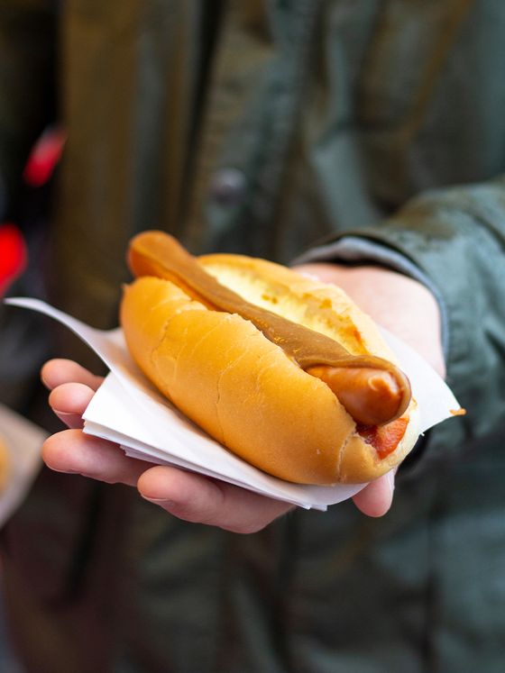 Close-up of a person holding a hot dog in a bun with ketchup, wrapped in a napkin. The person is wearing a green jacket.