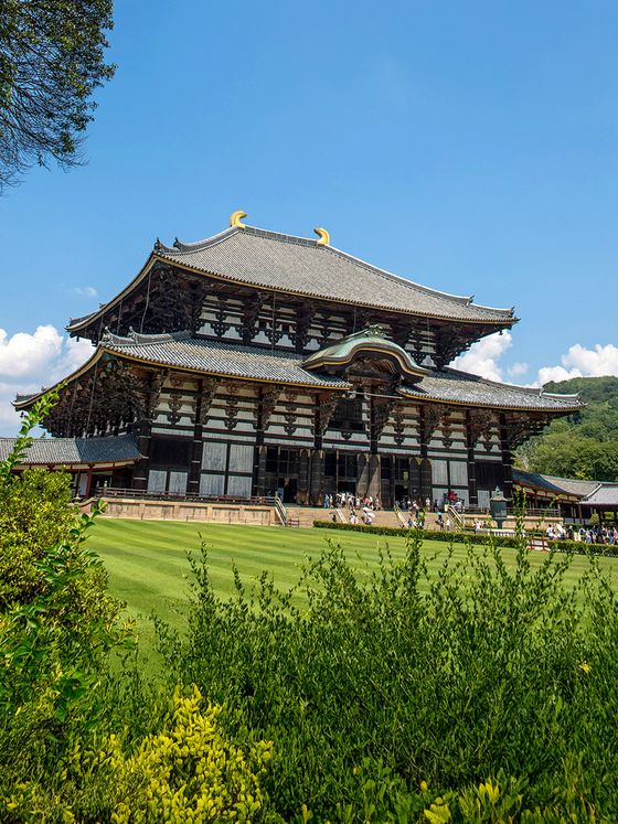 A large, traditional Japanese temple with ornate wooden architecture and a curved roof, surrounded by lush greenery under a clear blue sky.