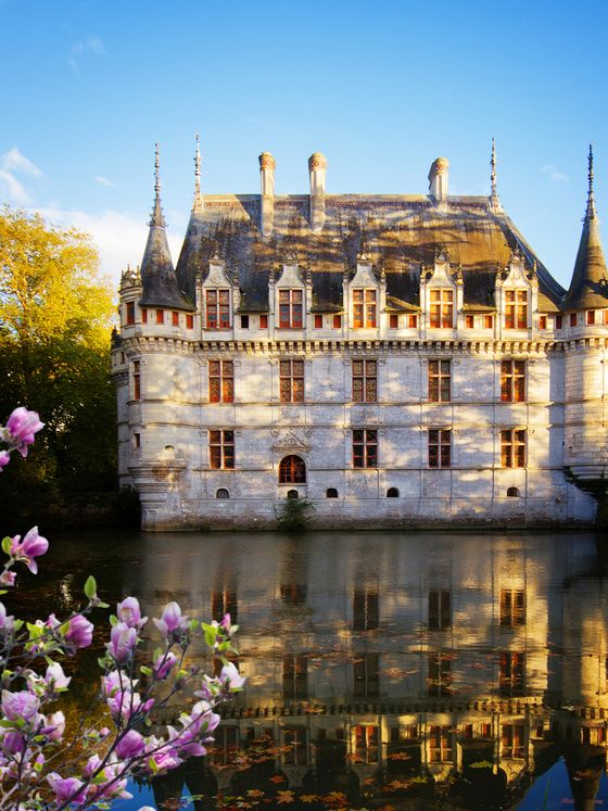 Historic castle with Gothic architecture, surrounded by a calm moat, vibrant flowers, and trees under a clear blue sky.