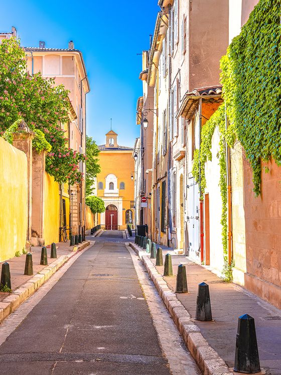 Sunny, narrow European street lined with historic buildings, vibrant ivy, and bollards, leading to a distant arched doorway.
