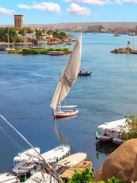 A sailboat glides on a wide river with lush banks, distant cityscape, and bright sky. Multiple boats are docked along the shore.