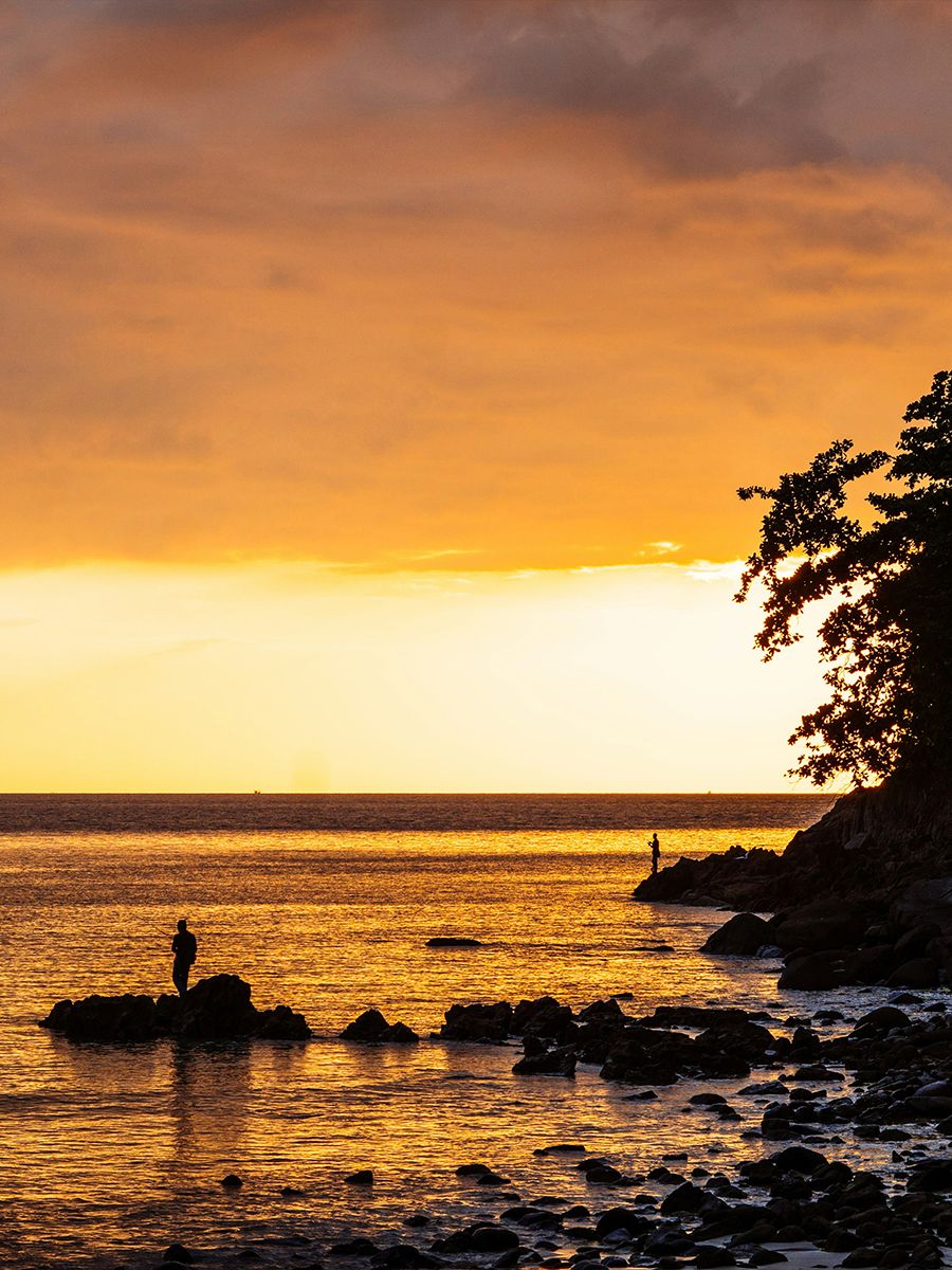 Sunset over a rocky shoreline, with a silhouetted person standing on rocks in the foreground and trees to the right.