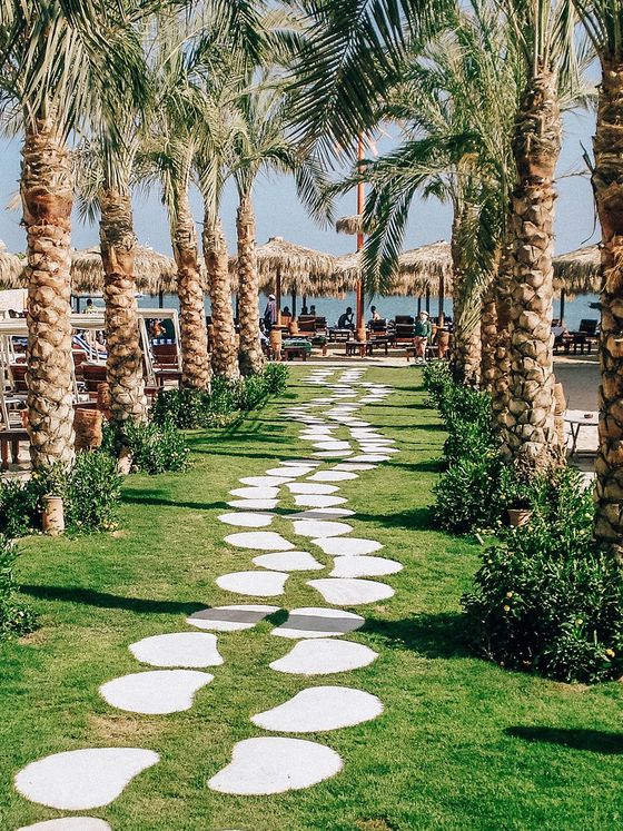 A path of stepping stones through a grassy area lined with tall palm trees, leading to a beach with thatched umbrellas in the distance.