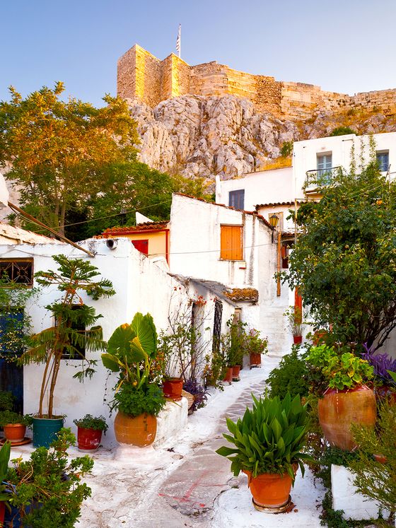 A narrow, winding path lined with potted plants leads to white-washed buildings under a sunlit ancient stone fortress.