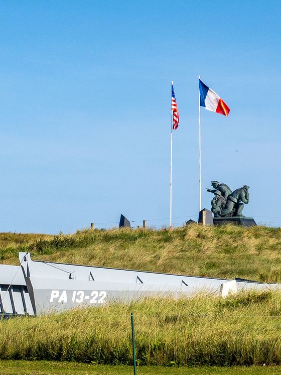 Two flags, American and French, and a military sculpture atop a grassy hill, with a bunker-like structure partially visible below.