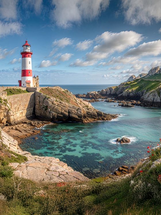 A red and white lighthouse stands atop rocky cliffs overlooking a turquoise sea, with a dramatic cloudy sky and lush green hills in the background.