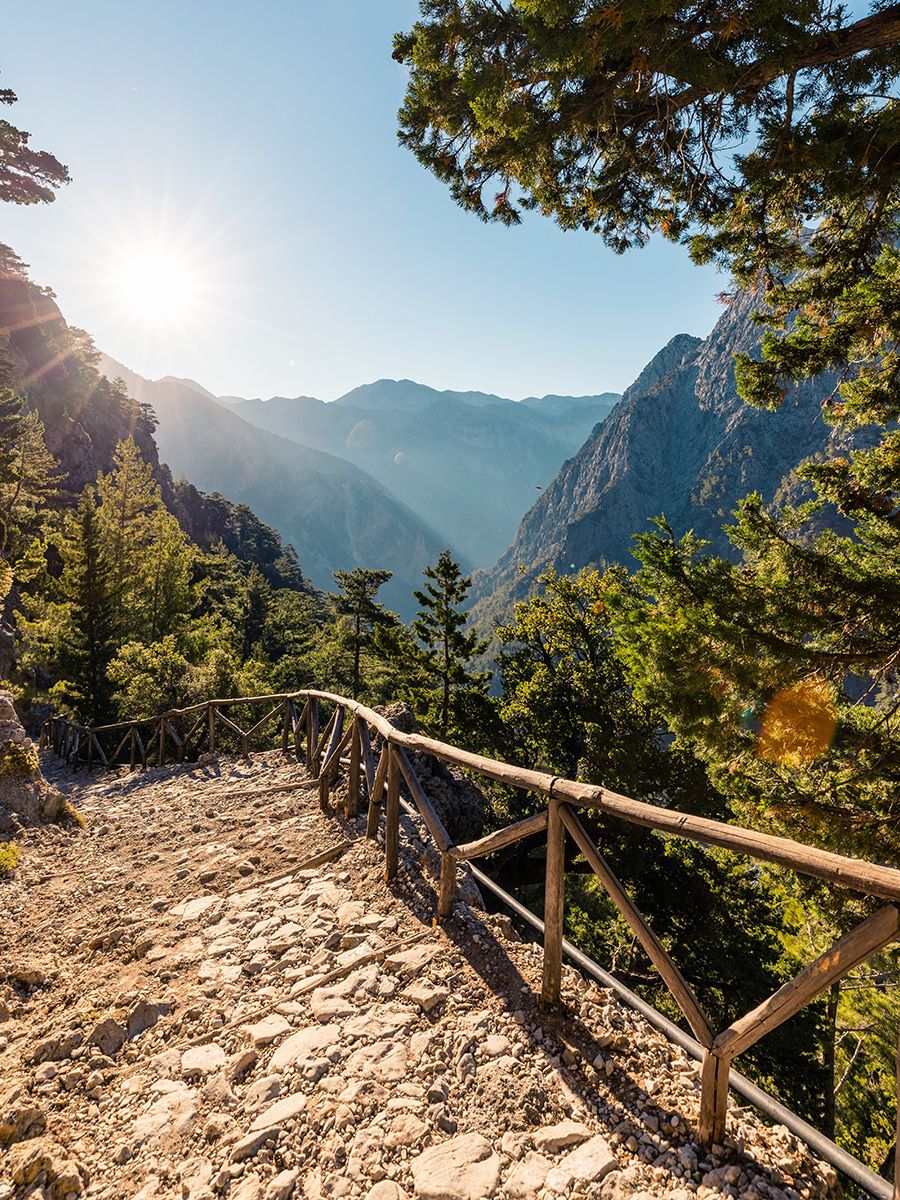 Stone path with wooden railing descends through a forested mountain landscape under a bright sun and clear blue sky.