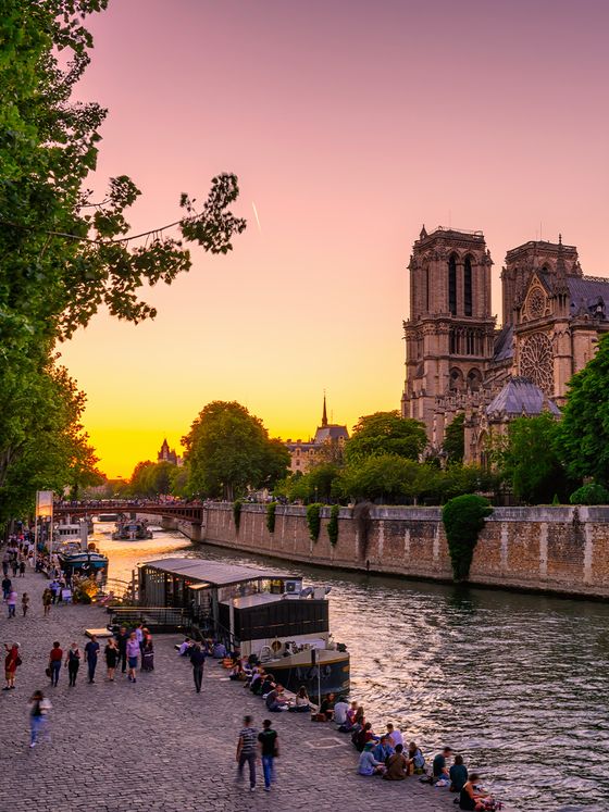 Sunset over the Seine River with people walking along the bank, trees lining the path, and a view of Notre-Dame Cathedral in the distance.